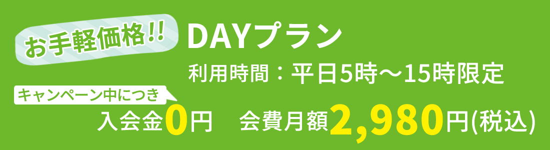 DAYプラン　平日5時から15時2,980円(税込)